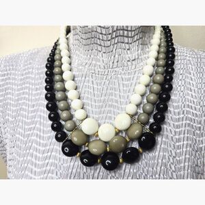 Triple Strand Bead Necklace White Black Gray Gold Tone 18" Three Color Acrylic